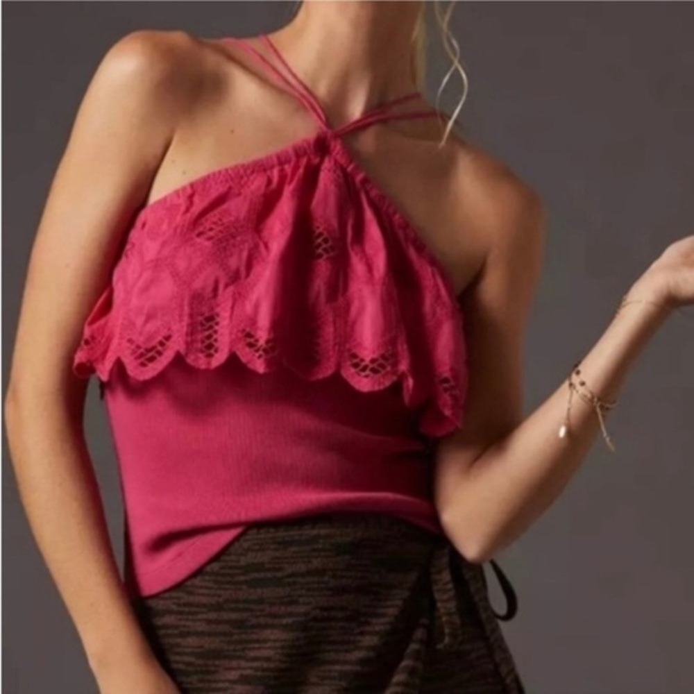 Anthropologie Ruffled Halter Tank, Pink, size L NWT